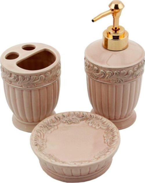 Seramik 3 Parça Seramik Banyo Seti Antik Pembe Pembe 3 Parça