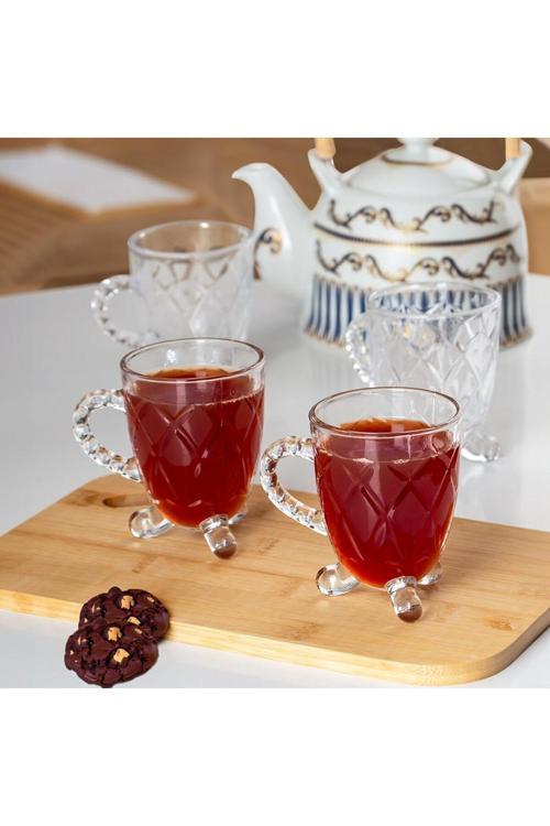 15720 Ayaklı Kulplu Desenli 4'Lü Cam Bardak - Kulplu Çay Kahve Bardağı - 200 Cc