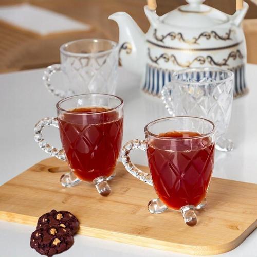 15720 Ayaklı Kulplu Desenli 4'Lü Cam Bardak - Kulplu Çay Kahve Bardağı - 200 Cc