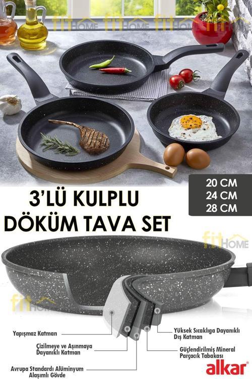 3'Lü Alkar Saplı Döküm Tava Seti Yanmaz Yapışmaz Thermo Granit Tava Seti 20-24-28 Cm