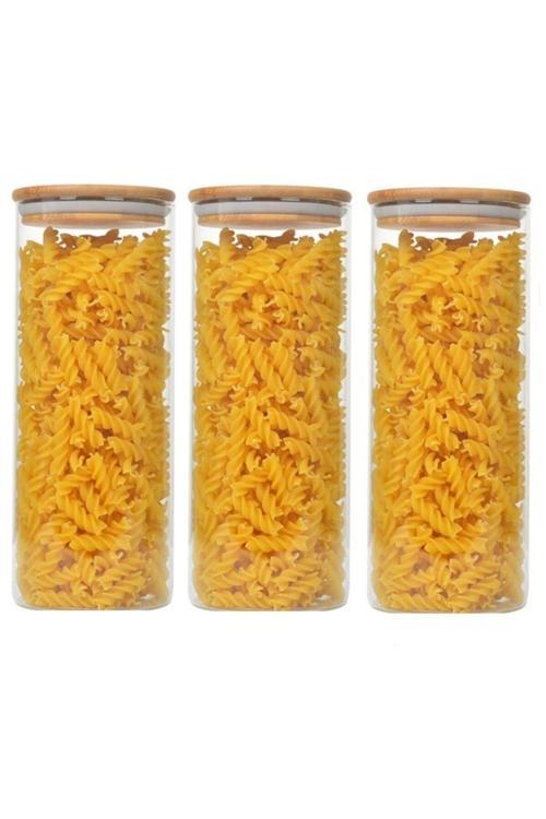 3 Lü Set 1400 Ml Bambu Kapaklı Kavanoz Baharatlık Vakumlu Borcam Model - Krdln