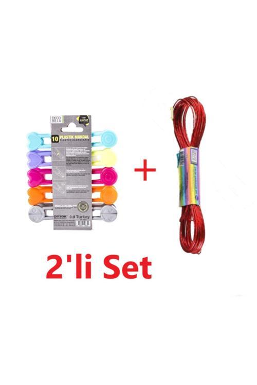 10'Lu Yaysız Iz Yapmaz Mandal + 10 Metre Çelik Çamaşır Ipi, 2'Li Set,