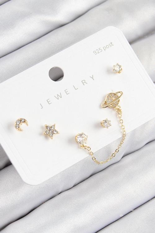 Pirinç Zirkon Taşlı Yıldız Ve Gezegen Model Gold Renk 925 Ayar Gümüş Çivi Kadın Küpe Set - EBJ250816W37368