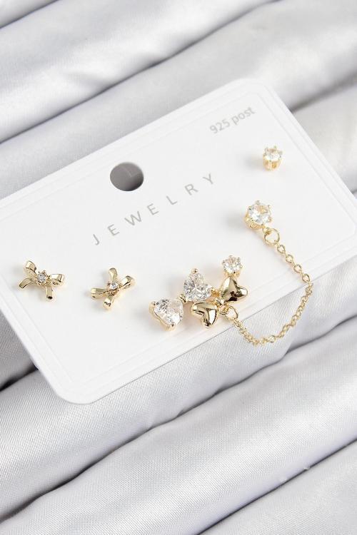 Pirinç Zirkon Taşlı Fiyonk Model Gold Renk 925 Ayar Gümüş Çivi Kadın Küpe Set - EBJ250816W37370