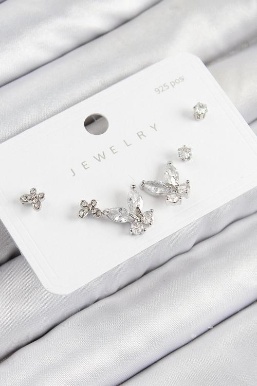 Pirinç Zirkon Taşlı Kelebek Model Gümüş Renk 925 Ayar Gümüş Çivi Kadın Küpe Set - EBJ250816W37379