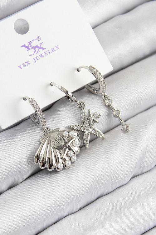 Pirinç Zirkon Taşlı 3'lü Yıldız Ve İstiridye Model Gümüş Renk Kadın Küpe - EBJ250816W37345