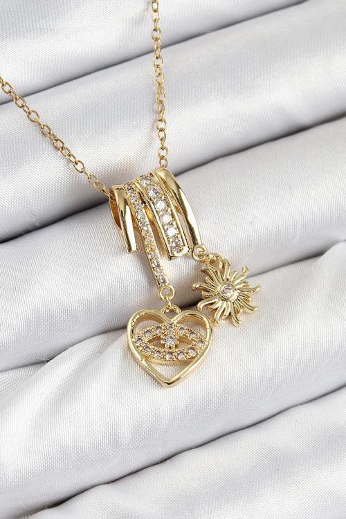 Zirkon Taşlı Sallantılı Kalp Ve Güneş Model Gold Renk Kadın Kolye - EBJ250816W37490