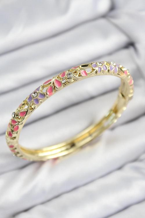 Mineli Pirinç Zirkon Taşlı Pembe Mor Çiçek Motifli Gold Kadın Kelepçe - EBJ250816W37465