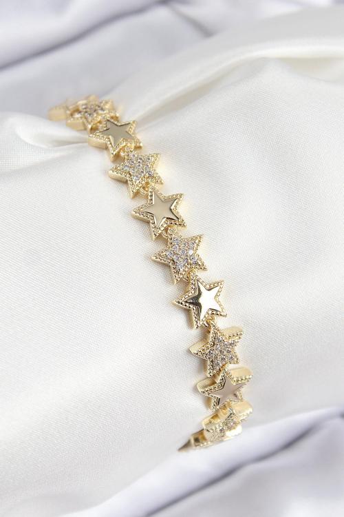 VIP Pirinç Zirkon Taşlı Yıldız Model Gold Renk Kadın Bileklik - EBJ250816W37514