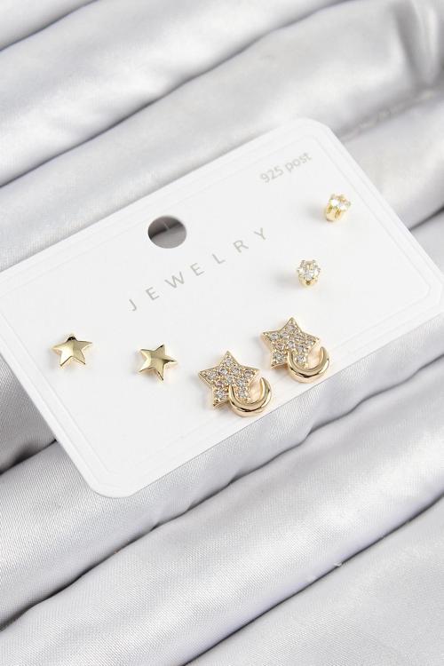 Pirinç Zirkon Taşlı Yıldız Model Gold Renk 925 Ayar Gümüş Çivi Kadın Küpe Set - EBJ250816W37392