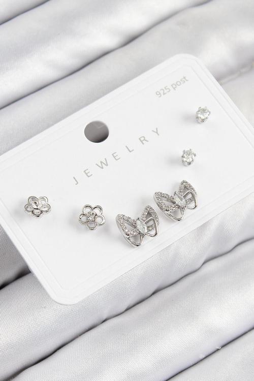 Pirinç Zirkon Taşlı Kelebek Model Gümüş Renk 925 Ayar Gümüş Çivi Kadın Küpe Set - EBJ250816W37395