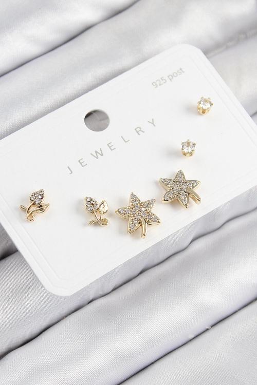 Pirinç Zirkon Taşlı Yıldız Ve Gül Model Gold Renk 925 Ayar Gümüş Çivi Kadın Küpe Set - EBJ250816W37394