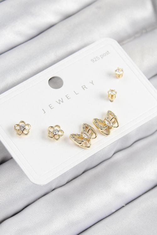 Pirinç Zirkon Taşlı Kelebek Model Gold Renk 925 Ayar Gümüş Çivi Kadın Küpe Set - EBJ250816W37396