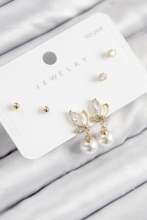Pirinç Zirkon Taşlı İnci Sallantılı Damla Model Gold Renk 925 Ayar Gümüş Çivi Kadın Küpe Set - EBJ250816W37398