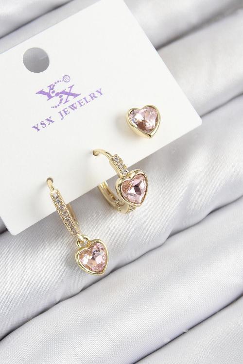 Pirinç Zirkon Taşlı 3'lü Pembe Kalp Model Gold Renk Kadın Küpe - EBJ250816W37361