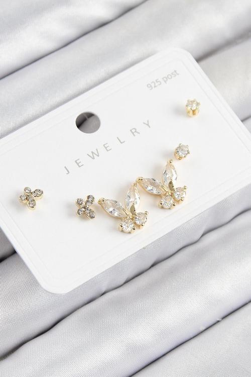 Pirinç Zirkon Taşlı Kelebek Model Gold Renk 925 Ayar Gümüş Çivi Kadın Küpe Set - EBJ250816W37380