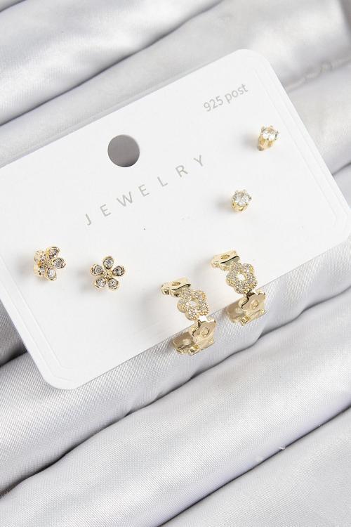 Pirinç Zirkon Taşlı Halka Model Gold Renk 925 Ayar Gümüş Çivi Kadın Küpe Set - EBJ250816W37400