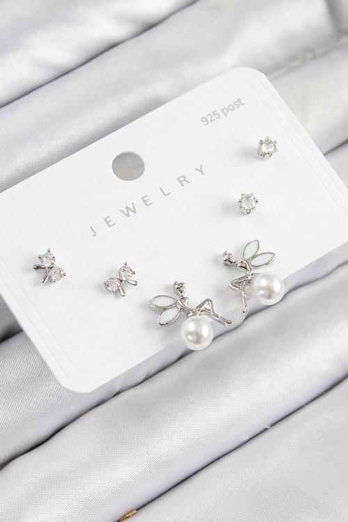 Pirinç Zirkon Taşlı İnci Melek Model Gümüş Renk 925 Ayar Gümüş Çivi Kadın Küpe Set - EBJ250816W37401