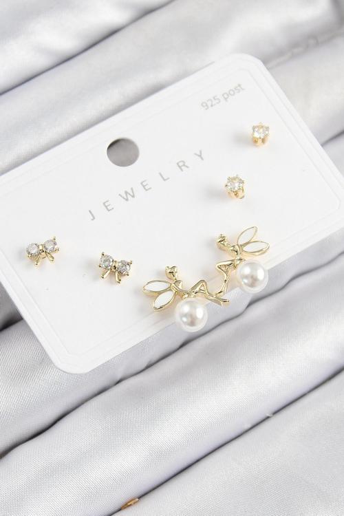 Pirinç Zirkon Taşlı İnci Melek Model Gold Renk 925 Ayar Gümüş Çivi Kadın Küpe Set - EBJ250816W37402