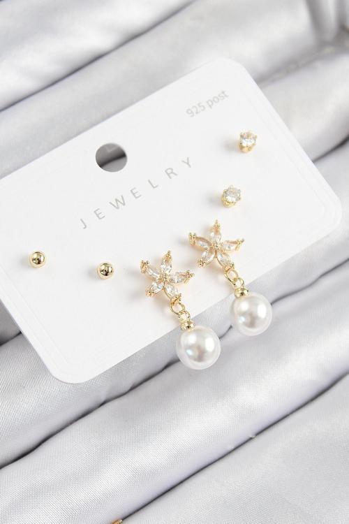 Pirinç Zirkon Taşlı İnci Sallantılı Çiçek Model Gümüş Renk 925 Ayar Gümüş Çivi Kadın Küpe Set - EBJ250816W37390