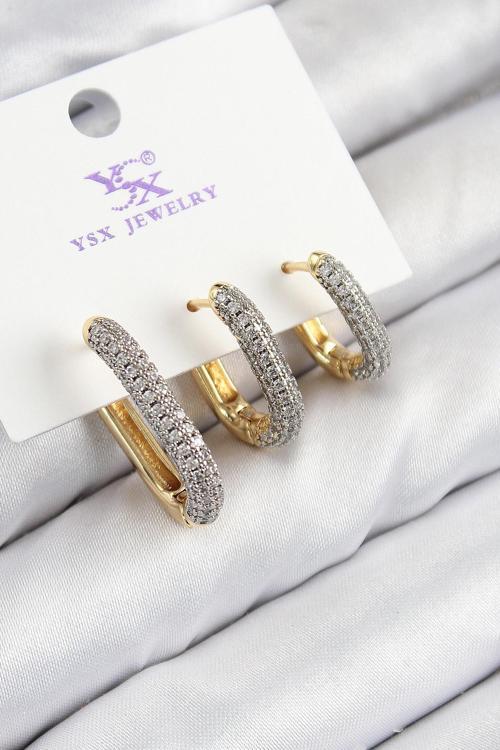 Pirinç Zirkon Taşlı 3'lü Oval Dikdörtgen Model Gold Ve Gümüş Renk Kadın Küpe - EBJ250816W37364