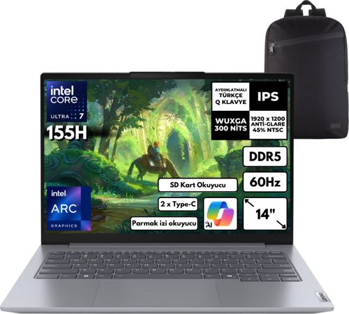 Thinkbook 14 G7 Ultra 7-155H 64GB 4 TBSSD Intel Arc Graphics 14" WUXGA Win10 Pro + Sırt Ç. 21MR0050TRHMF87