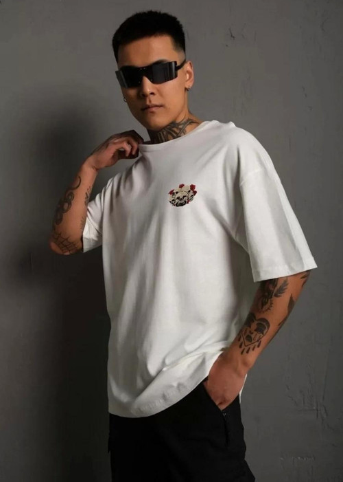 Unisex Bisiklet Yaka Baskılı Oversize T-Shirt - Beyaz