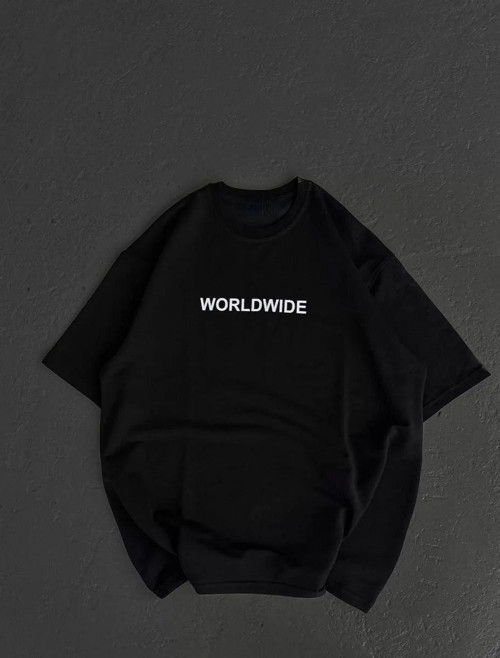 Unisex Bisiklet Yaka Baskılı Oversize T-Shirt - Siyah