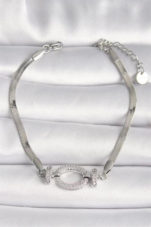 316L Çelik Gümüş Renk İtalyan Zincir Model Zirkon Taşlı Halka Figür Kadın Bileklik