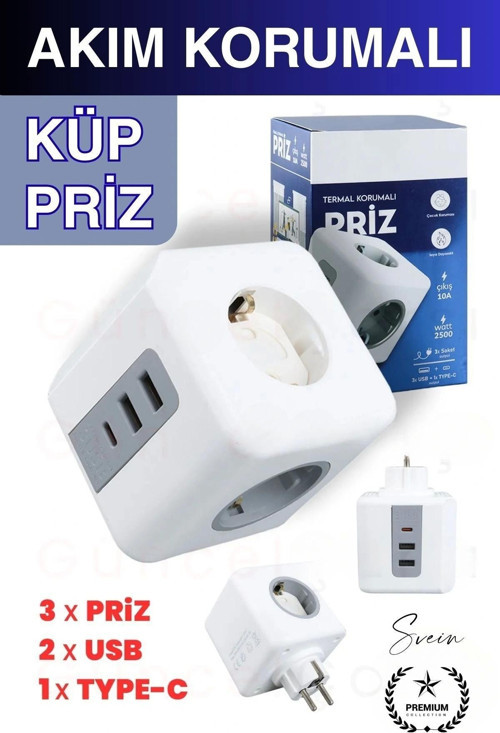 Premium 3'lü Duvar Çocuk ve Akım Korumalı Isıya Dayanıklı Çoklu Küp Priz Usb Type-C Girişli Topraklı