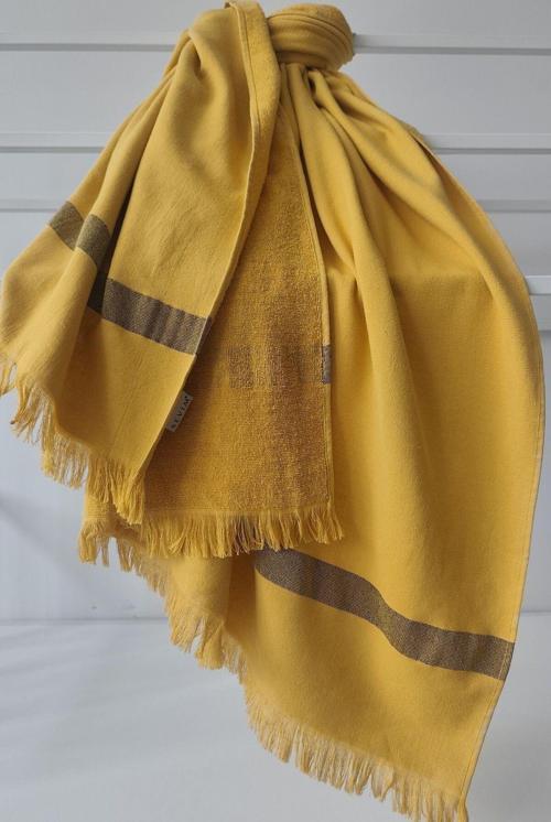 %100 Pamuk Siyah Çizgili Havlu Peştemal-Şezlong Havlusu-90x200 cm-Hardal