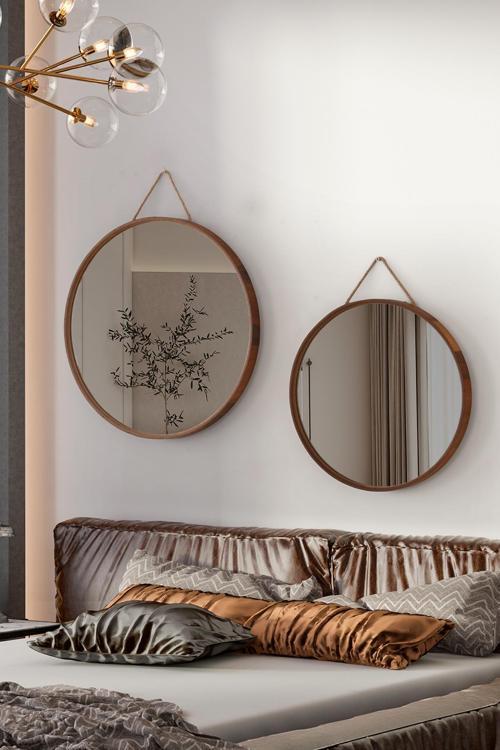 Mirora 2'li Yuvarlak Dekoratif Duvar Aynası | Boyalı Ahşap Çerçeveli | 60cm 48cm | Yerli Ceviz