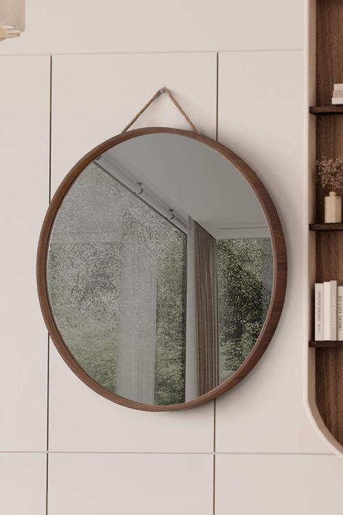 Mirora Yuvarlak Dekoratif Duvar Aynası | Boyalı Ahşap Çerçeveli | 60cm | Amerikan Ceviz