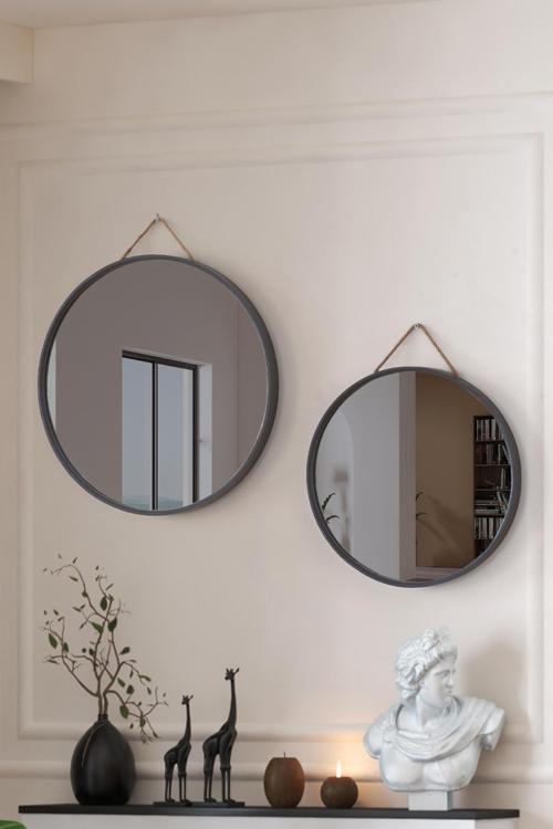 Mirora 2'li Yuvarlak Dekoratif Duvar Aynası | Boyalı Ahşap Çerçeveli | 60cm 48cm | Antrasit