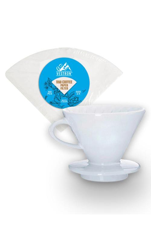 V60 Kahve Demleme Tanışma Seti Beyaz Seramik Demleme Aparatı Ve Filtre Kağıdı 100 Adet Sv1009