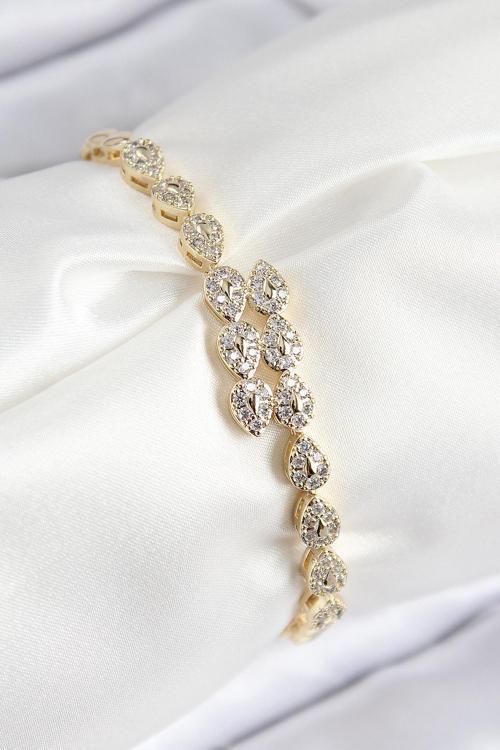 VIP Pirinç Zirkon Taşlı Sıralı Damla Model Gold Renk Kadın Bileklik