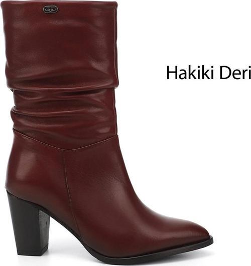 Kadın Bordo Antik Sivri Burun Körüklü Kalın Topuklu Hakiki Deri Çizme
