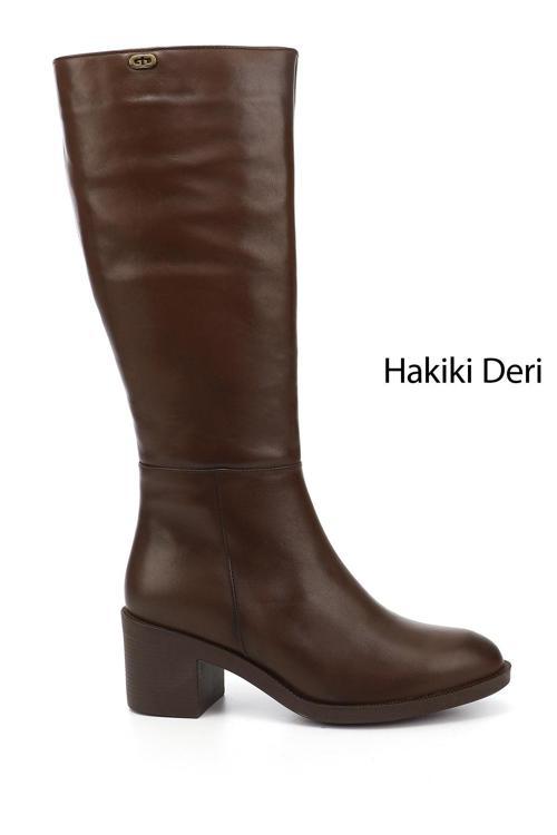 Kadın Kahverengi Fermuarlı Kalın Topuklu Hakiki Deri Çizme