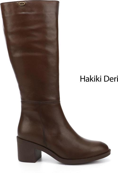 Kadın Kahverengi Fermuarlı Kalın Topuklu Hakiki Deri Çizme