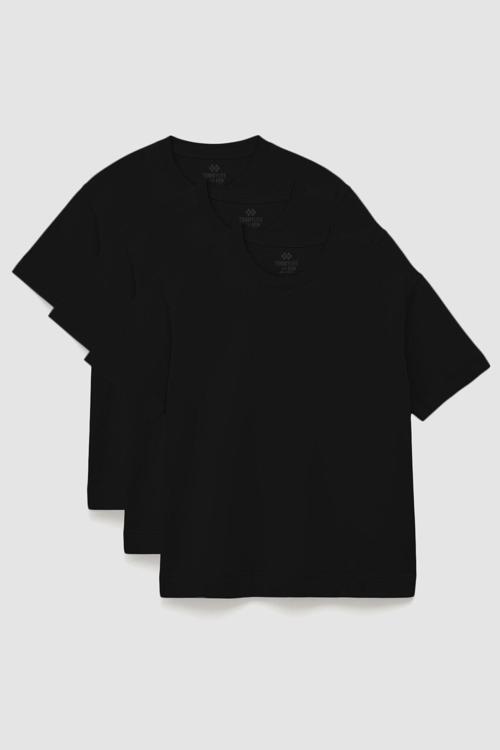 Basic O Yaka Büyük Beden  3lü Paket Siyah Erkek T-Shirt  88072