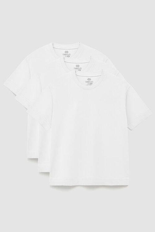 Basic O Yaka Büyük Beden  3lü Paket Beyaz Erkek T-Shirt  88072