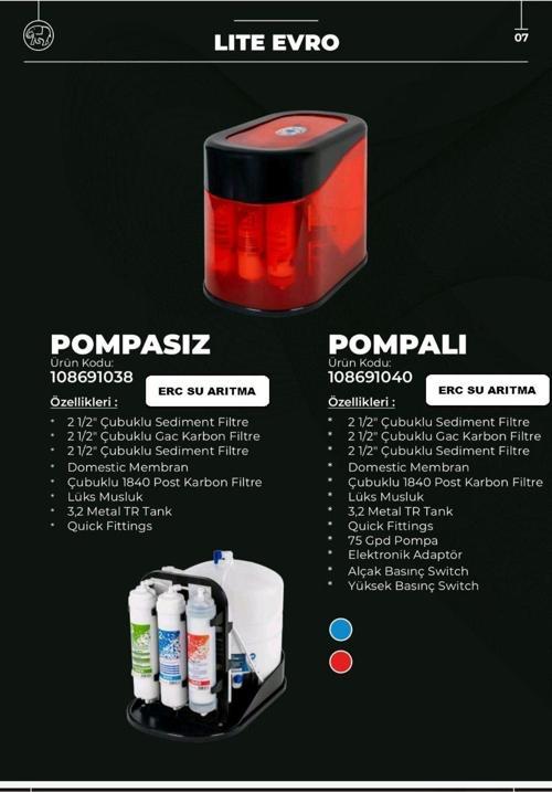 Lite Evro Pompalı 5 Filitre Kırmızı Şeffaf Kasa Su Arıtma Cihazı