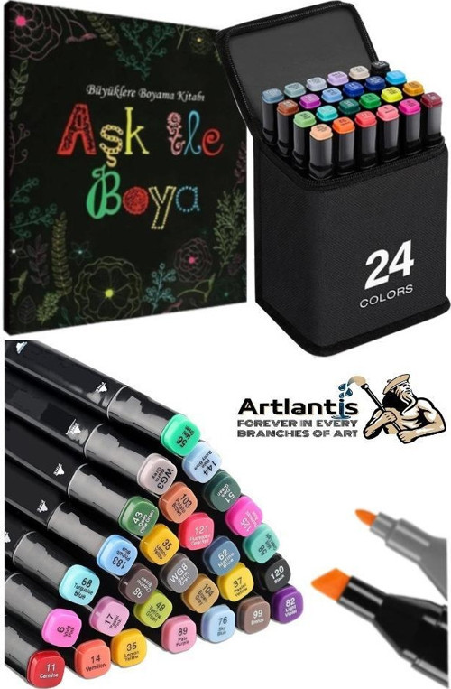 24 Adet Çift Taraflı Marker Kalem Çantalı 1 Paket 24 Renk Touch Markör Aşk İle Boya Mandala Büyüklere Boyama Kitabı