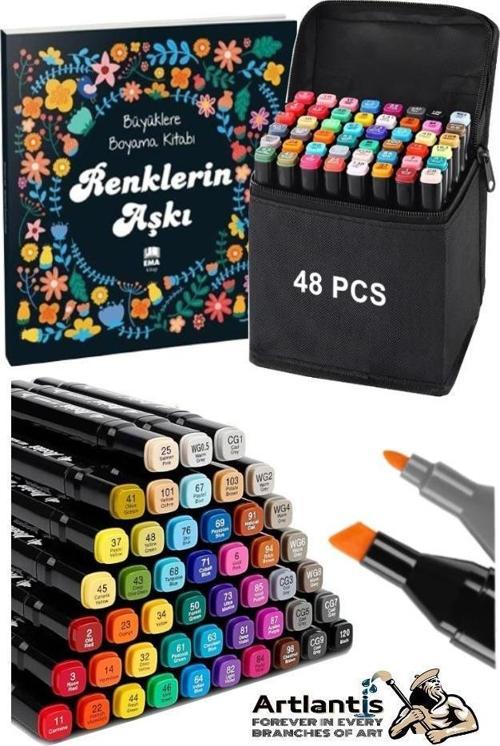 48 Adet Çift Taraflı Marker Kalem Çantalı 1 Paket 48 Renk Touch Markör Renklerin Aşkı Mandala Büyüklere Boyama Kitabı