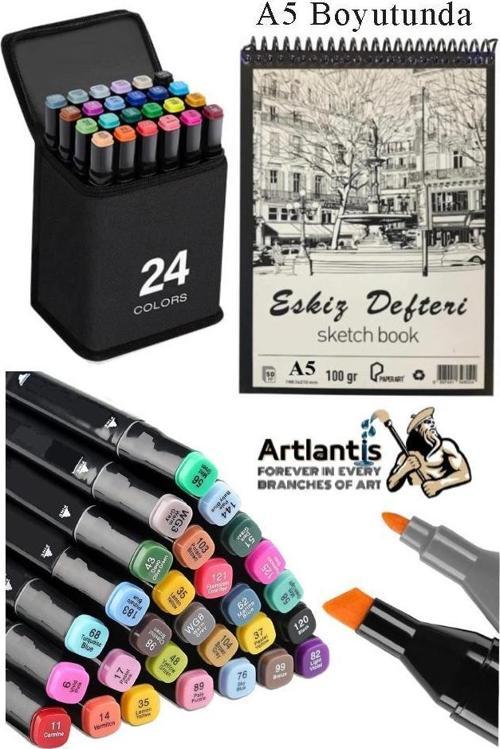Eskiz Defteri A5 50 Yaprak 100 gr 1 Adet 24 Renk Çift Taraflı Marker Kalem 24 Adet Touch Çift Uçlu