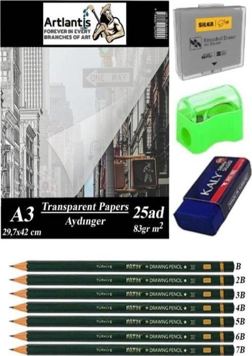 Aydınger Kağıdı A3 83 gr 25'li 1 Paket Eskiz Kağıdı Fatih Dereceli Kalem Hamur Silgi Sınav Silgisi Kalemtraş