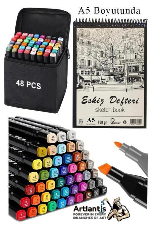 Eskiz Defteri A5 50 Yaprak 100 gr 1 Adet 48 Renk Çift Taraflı Marker Kalem 48 Adet Touch Çift Uçlu