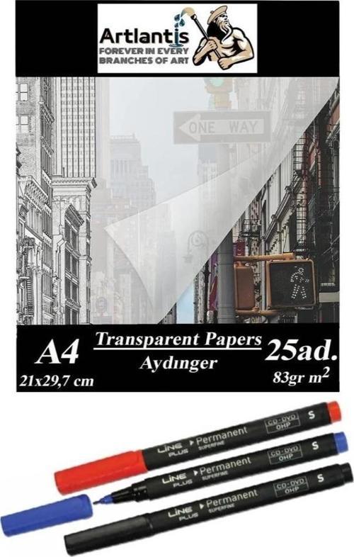 Aydınger Kağıdı A4 83 gr 25'li 1 Paket Eskiz Kağıdı Lineplus Asetat Kalemi S 0.3 Siyah Kırmızı Mavi