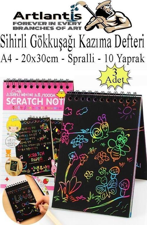 Sihirli Gökkuşağı Kazıma Defteri A4 20x30 cm 3 Paket 10 Sayfa Scratch Note Spralli Siyah Sihirli Resim Defteri