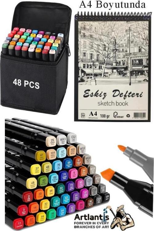 Eskiz Defteri A4 50 Yaprak 100 gr 1 Adet 48 Renk Çift Taraflı Marker Kalem 48 Adet Touch Çift Uçlu